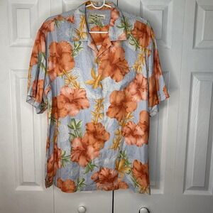 Tommy Bahama Mens Blue Coral Multicolor Hawaiian Hibiscus Silk Shirt Medium‎ M